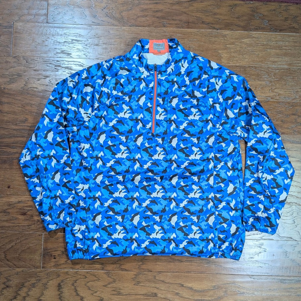 Fennec Mens Blue Camo Quarter Zip Windbreaker Pullover Jacket Size Large 24x28.5